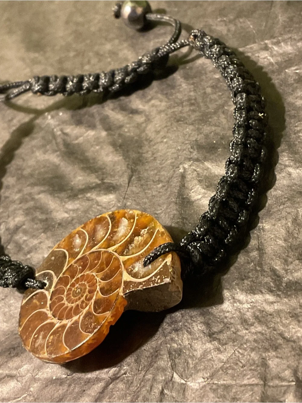 Handmade Black Macrame Bracelet with Brown Fossil Stone Pendant-Unisex